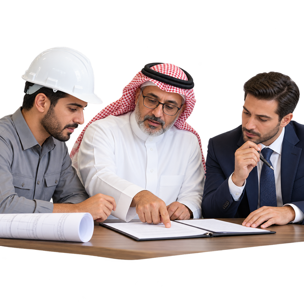 الاستشارات القانونية — سعودي بنظارة يناقش عقدًا تجاريًا مع مهندس معماري بخوذة بيضاء ورجل ببدلة رسمية.
