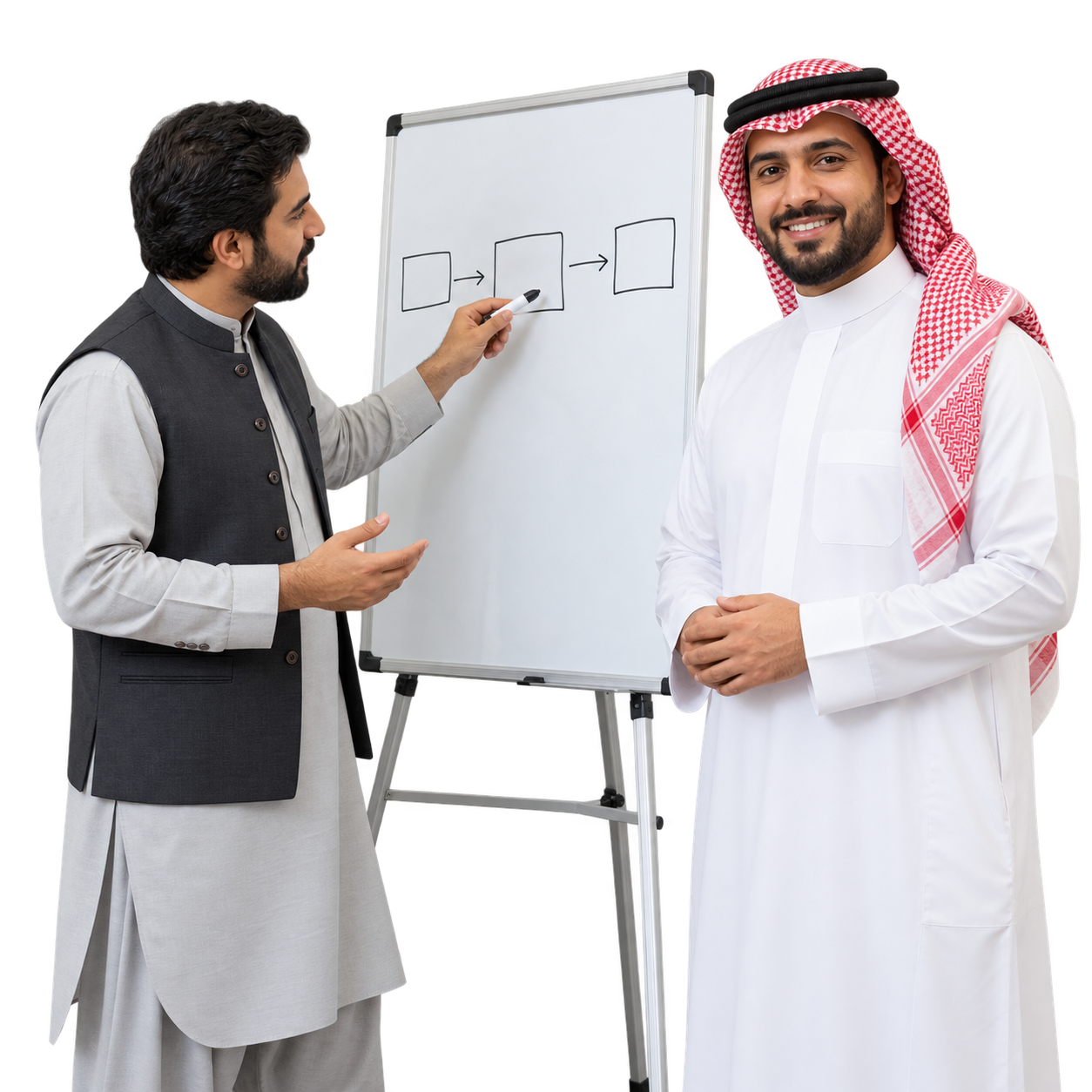 الاستشارات الإدارية والتطوير المؤسسي — موظف باكستاني يشرح خطة على سبورة وبجانبه سعودي يبتسم باتجاه الجمهور.